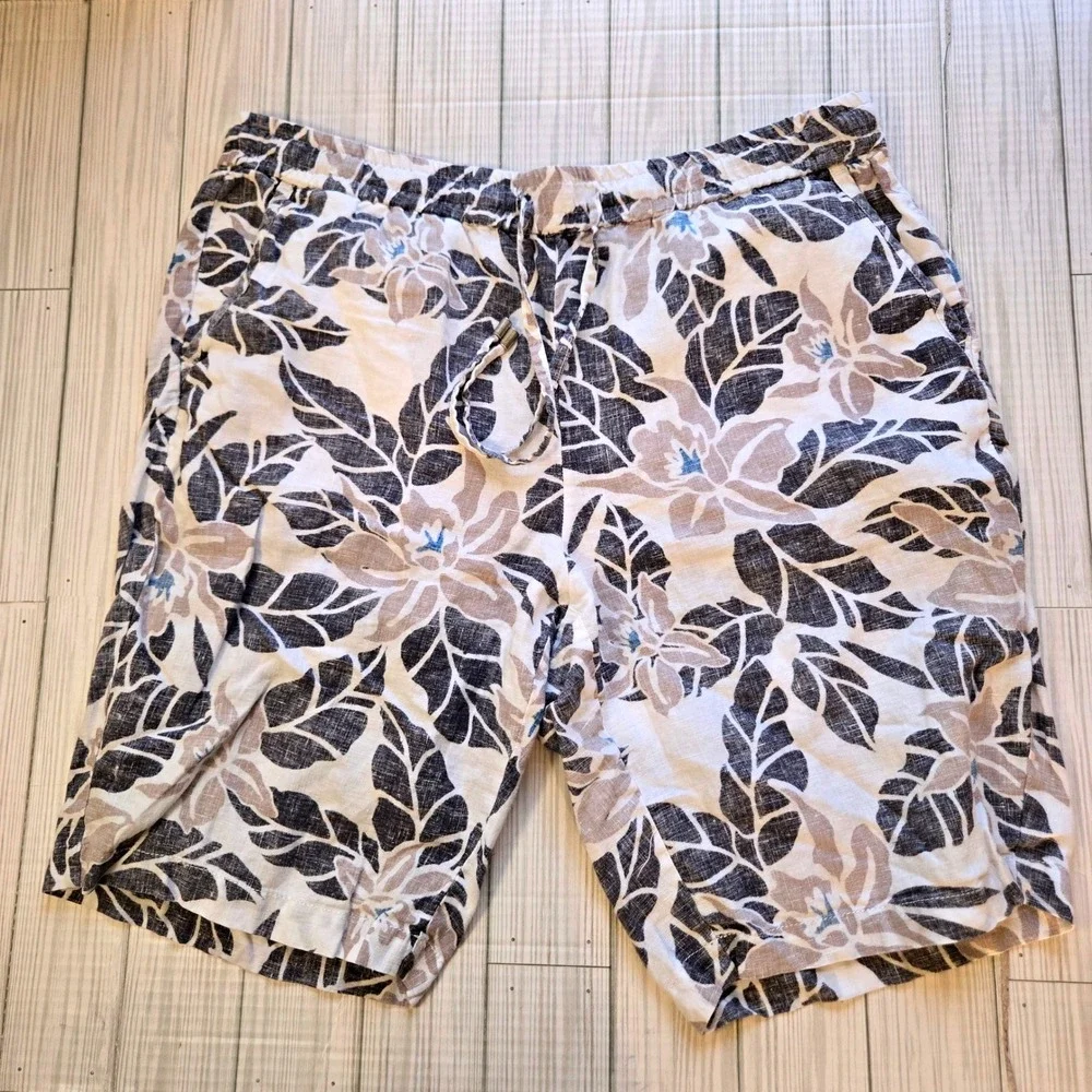 Tommy Bahama Mens Tropical 100%‎ Linen Floral Shorts White Blue Hibiscus Size M